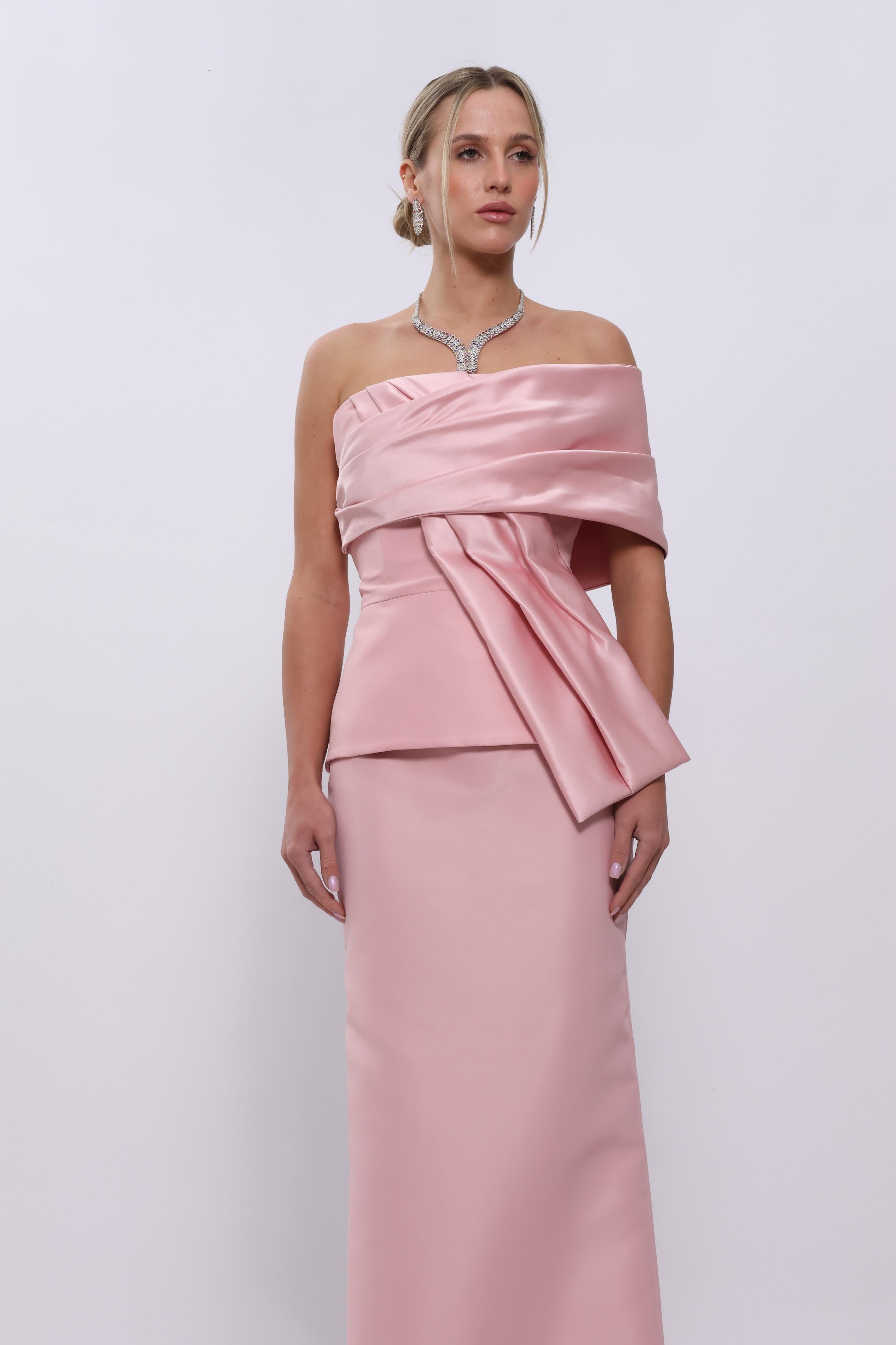 Blush Satin One-Shoulder Draped Gown