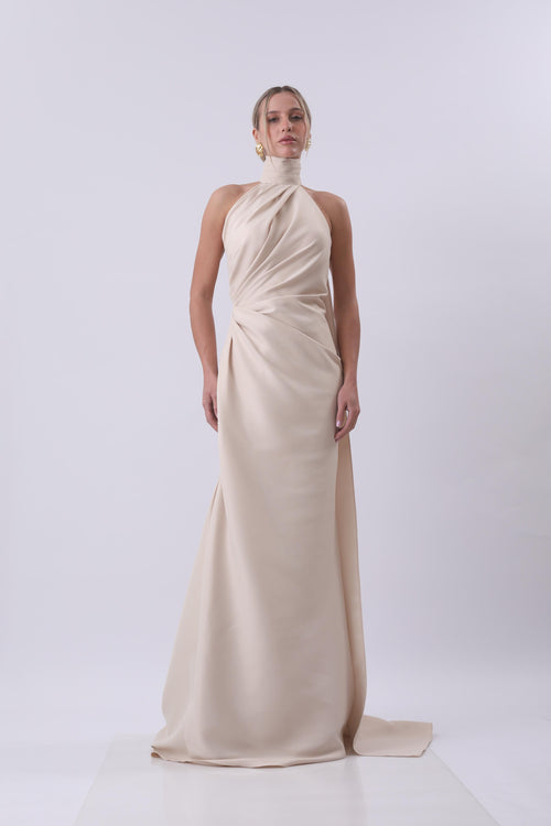 Athena Draped Halter Neck Maxi Dress – Champagne