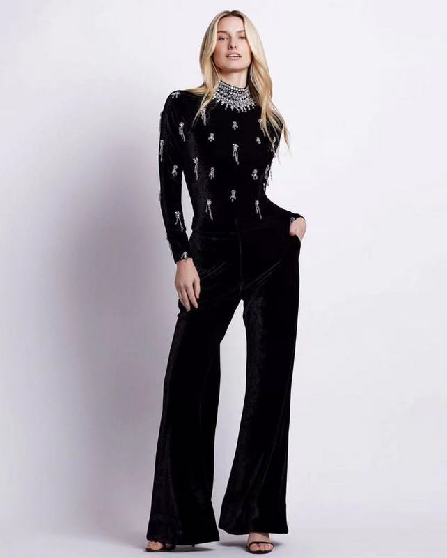 Embellished Black Jumpsuit | Elegant Crystal Beaded Long Sleeve Evening Jumpsuit with Flared Legs MYLINE