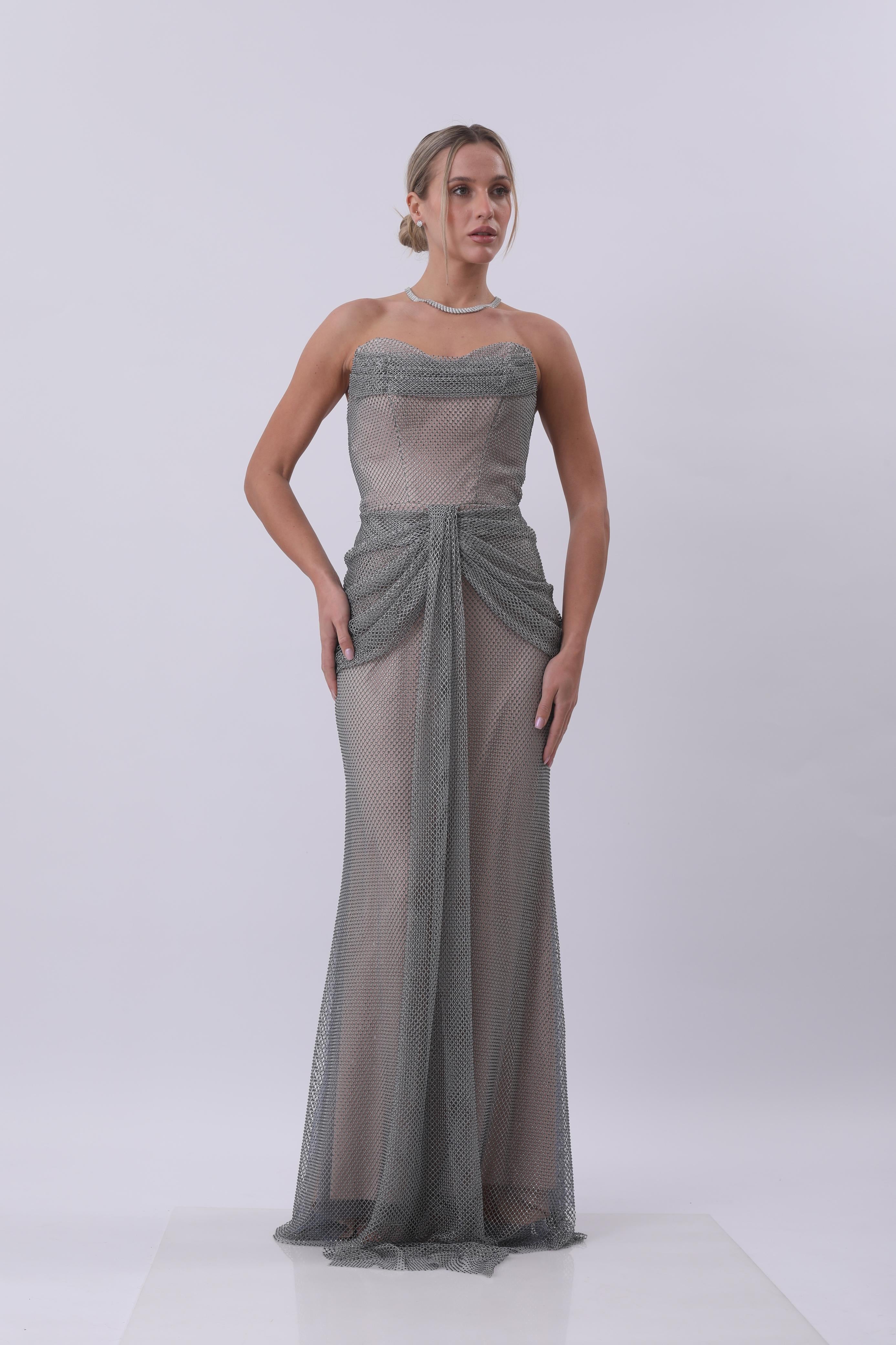 Seraphina Crystal Mesh Strapless Gown – Silver