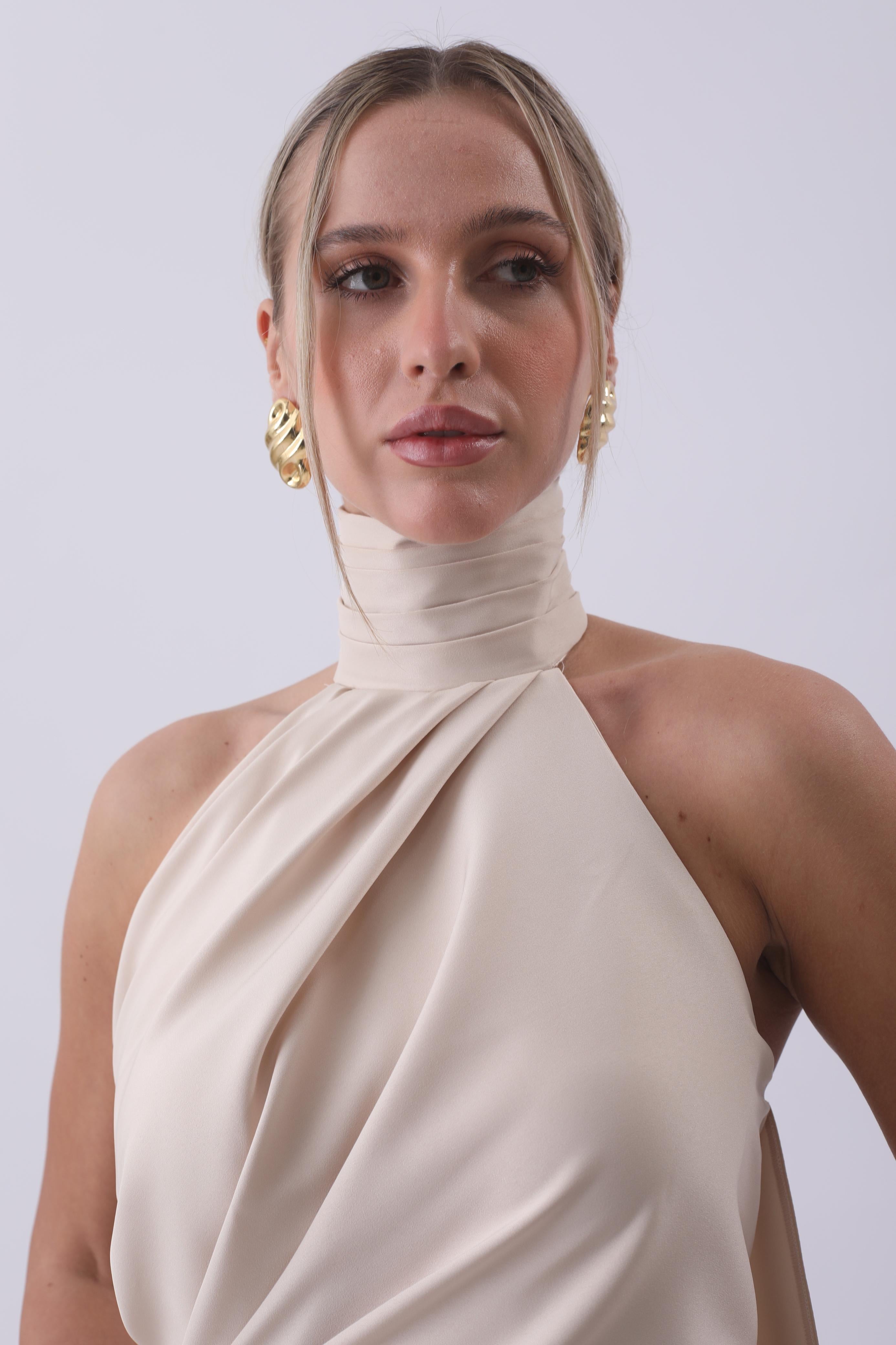 Athena Draped Halter Neck Maxi Dress – Champagne