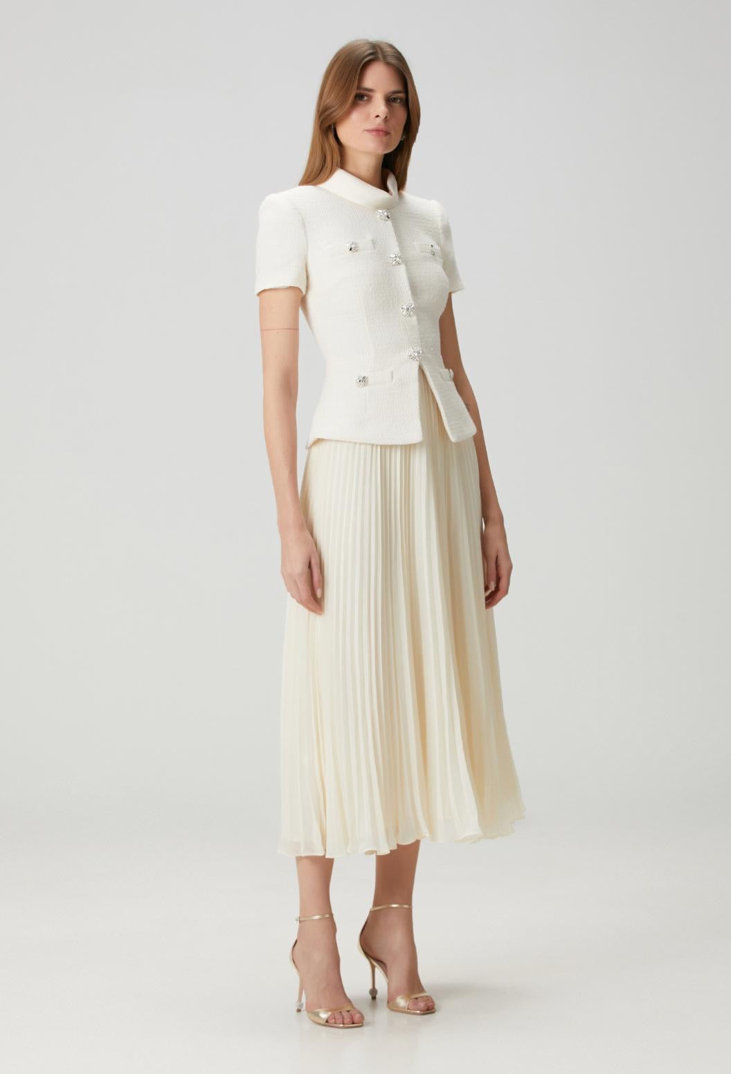 Ivory Crystal-Embellished Peplum Set with Pleated Midi Skirt