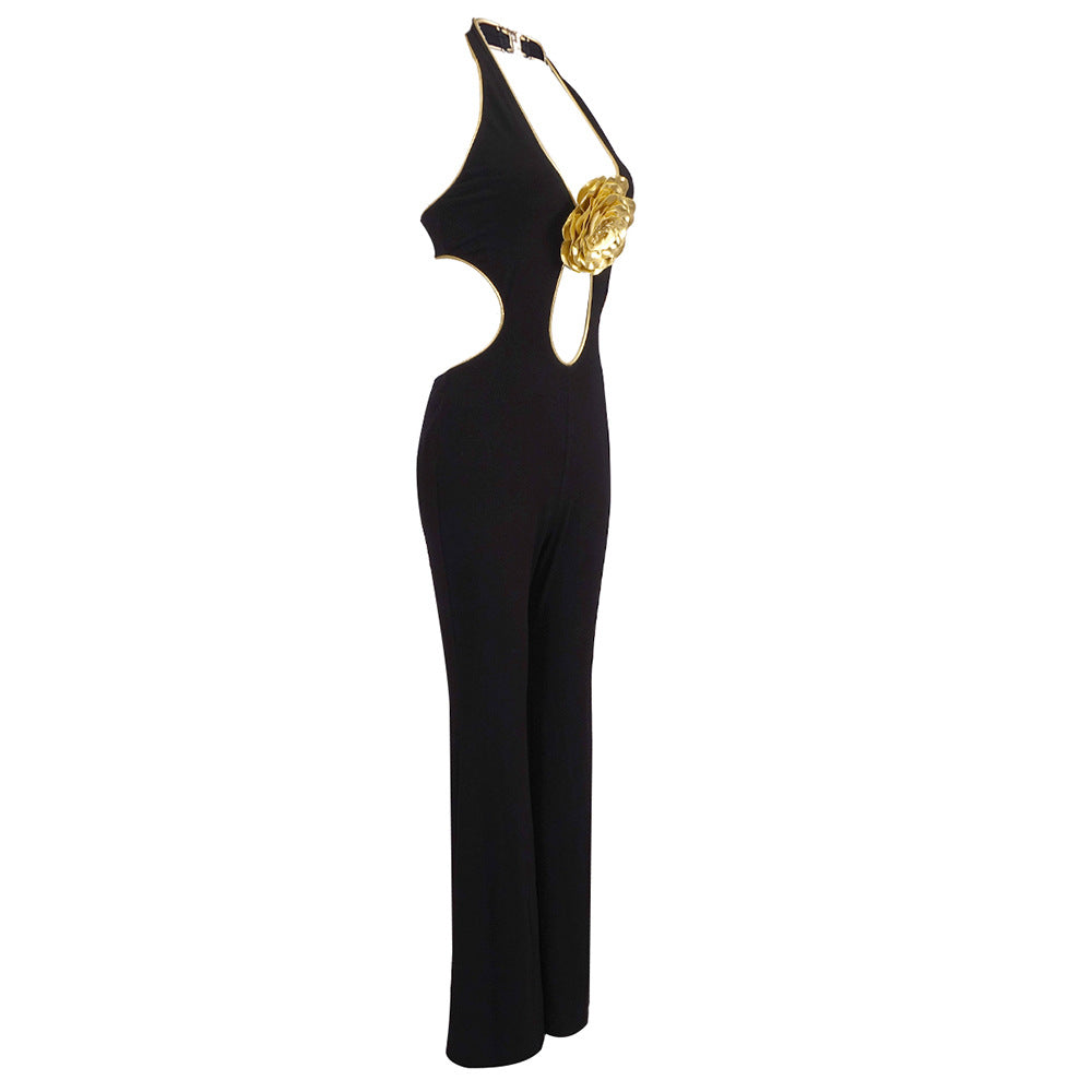 Black Cutout Jumpsuit with Gold Flower | Elegant Halter Wide-Leg Evening Suit MYLINE