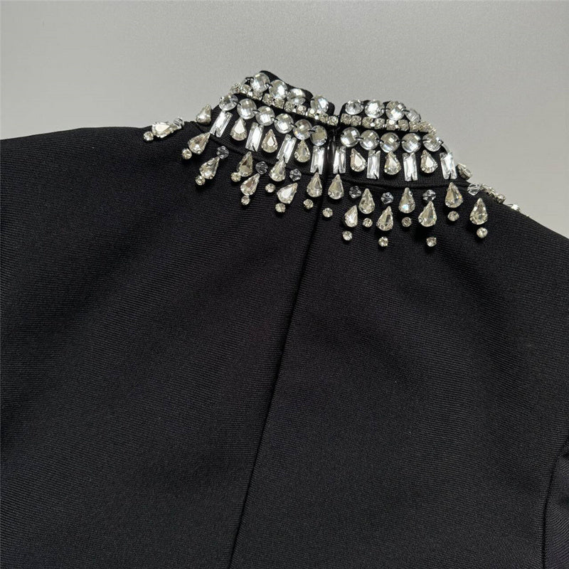 Embellished Black Jumpsuit | Elegant Crystal Beaded Long Sleeve Evening Jumpsuit with Flared Legs MYLINE