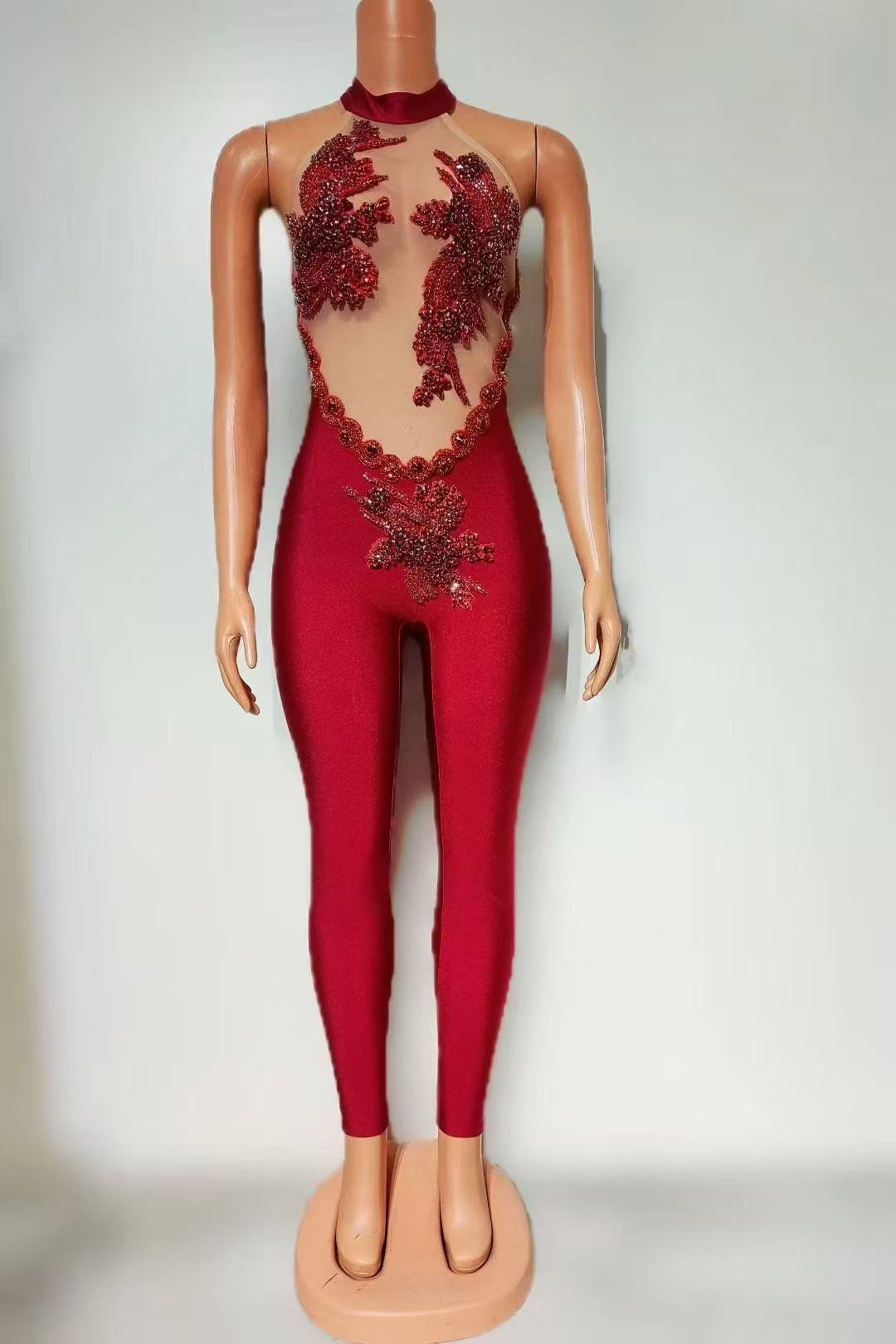 Black Beaded Illusion Jumpsuit | Sheer Mesh Bodysuit with Appliqué & High Neck Halter for Stage and Events MYLINE