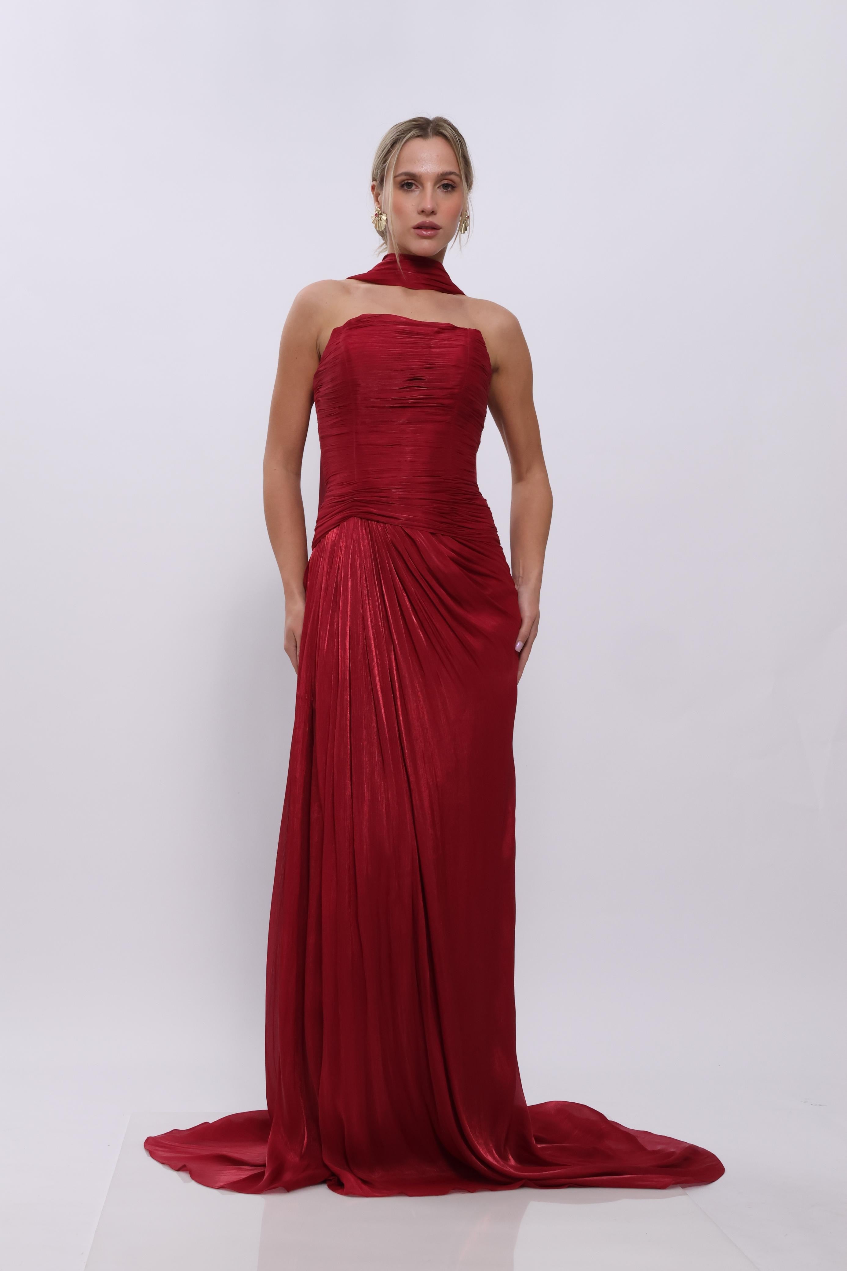 Sienna Pleated Scarf Gown – Peach Blush & Red