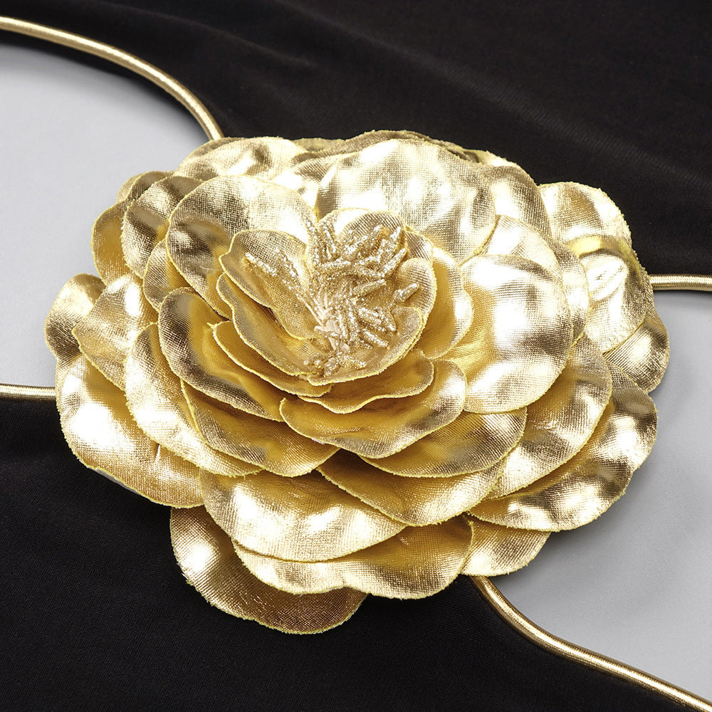 Black Cutout Jumpsuit with Gold Flower | Elegant Halter Wide-Leg Evening Suit MYLINE