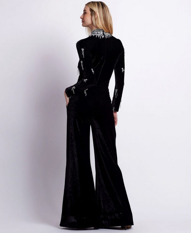 Embellished Black Jumpsuit | Elegant Crystal Beaded Long Sleeve Evening Jumpsuit with Flared Legs MYLINE