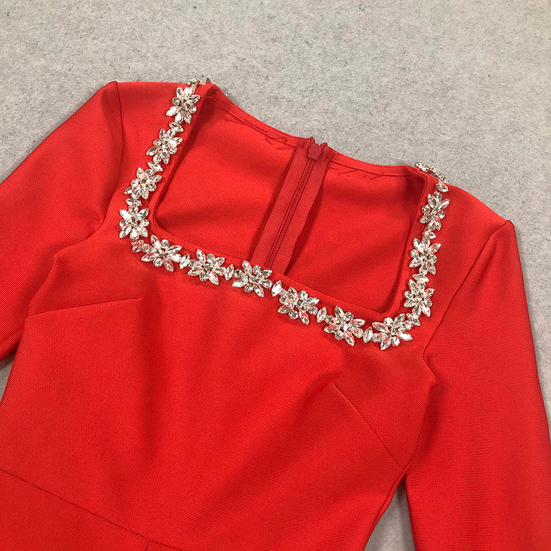 Red Velvet Jumpsuit | Elegant Square Neck Crystal Trim Flared Leg Evening Suit MYLINE