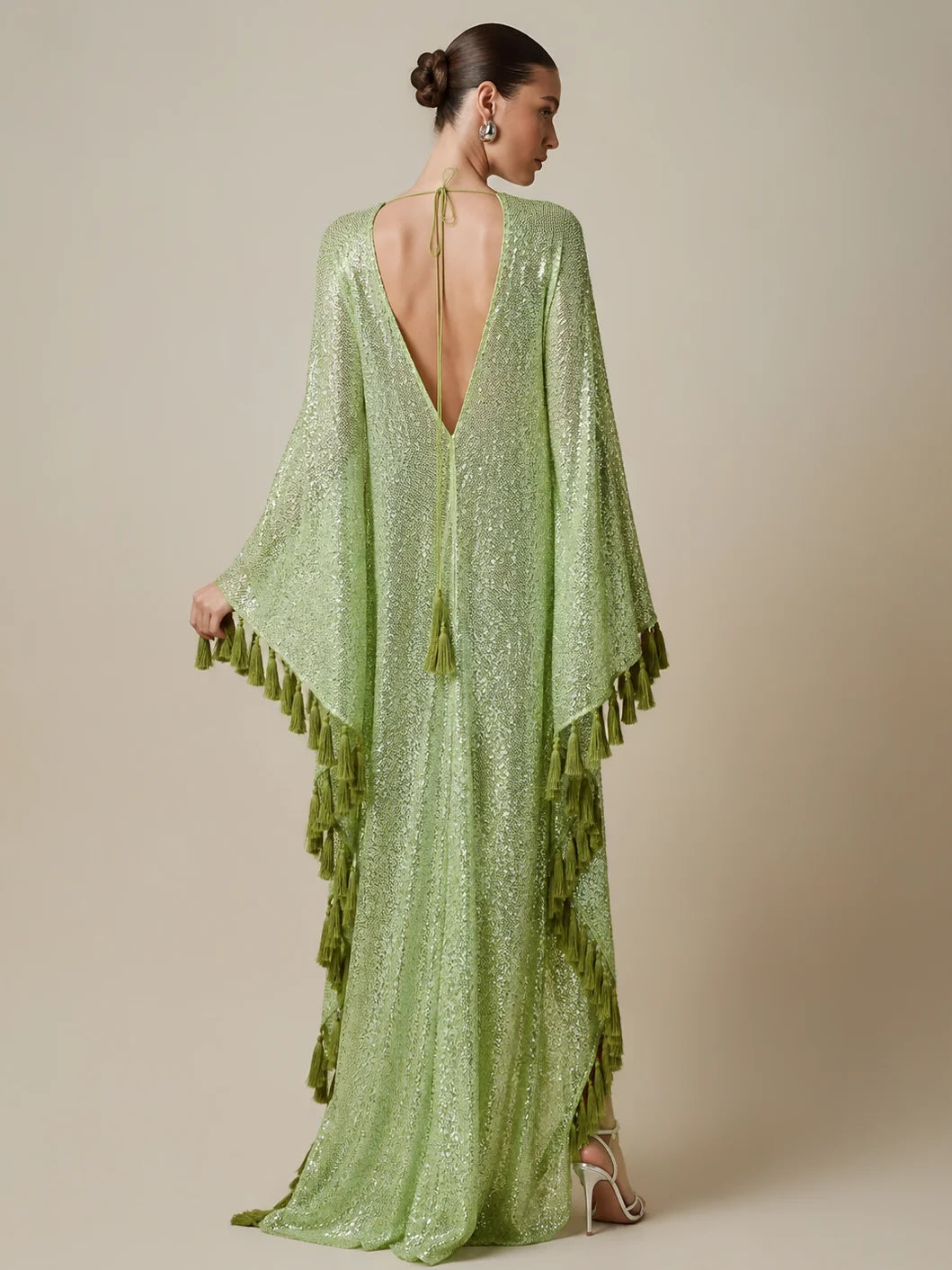Sequin Tassel Kaftan Maxi Dress in Pistachio Green
