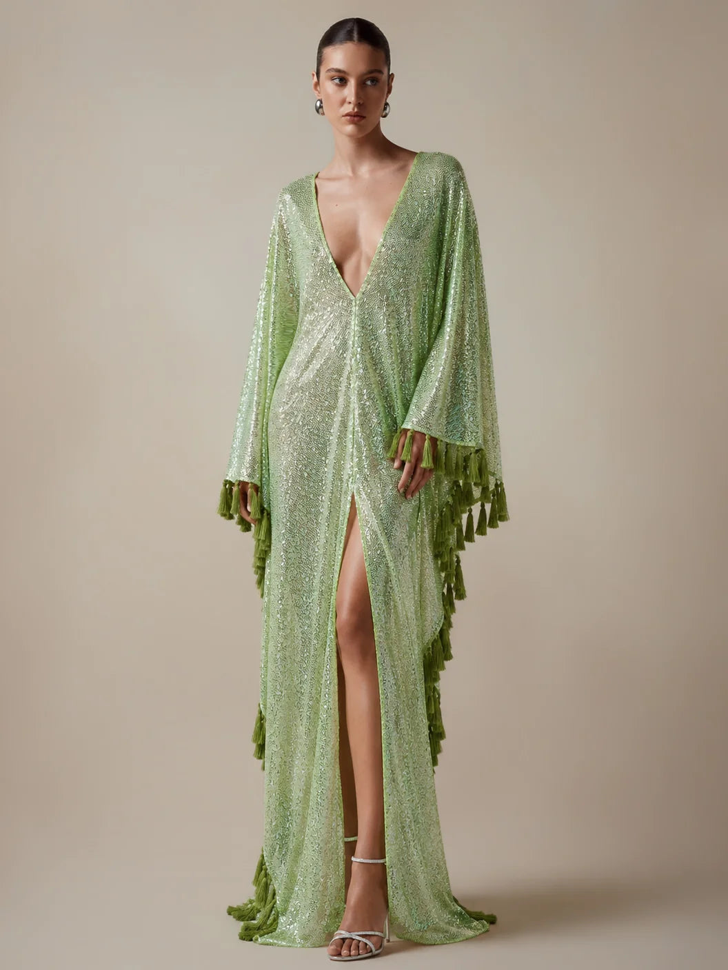 Sequin Tassel Kaftan Maxi Dress in Pistachio Green