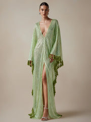 Sequin Tassel Kaftan Maxi Dress in Pistachio Green