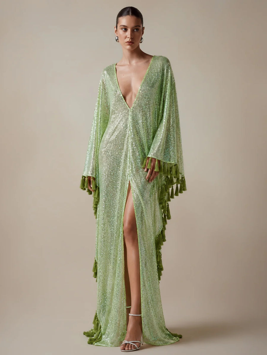 Sequin Tassel Kaftan Maxi Dress in Pistachio Green