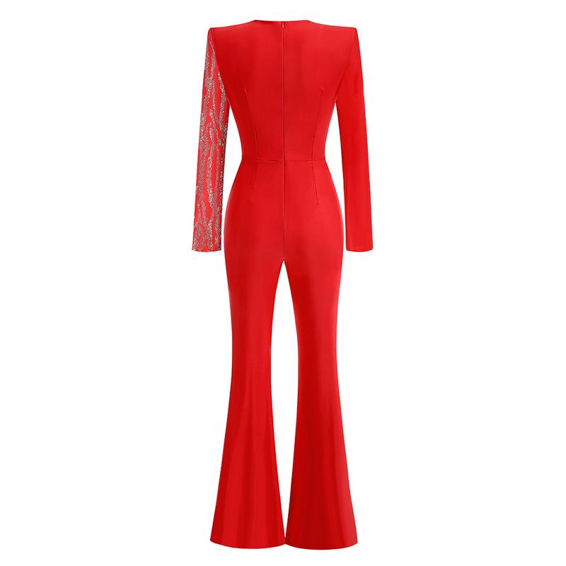 Rhinestone One Sleeve Jumpsuit | Glamorous Crystal Knot Waist Party Outfit MYLINE