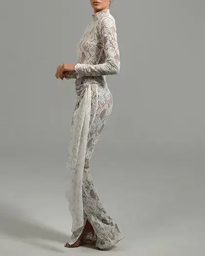 Sheer White Lace Jumpsuit | High Neck Long Sleeve Bridal-Inspired Lace Catsuit with Draped Waist Detail MYLINE