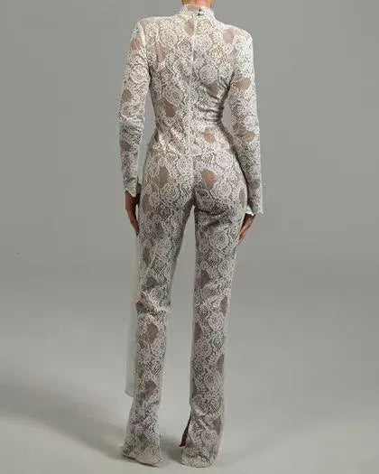 Sheer White Lace Jumpsuit | High Neck Long Sleeve Bridal-Inspired Lace Catsuit with Draped Waist Detail MYLINE