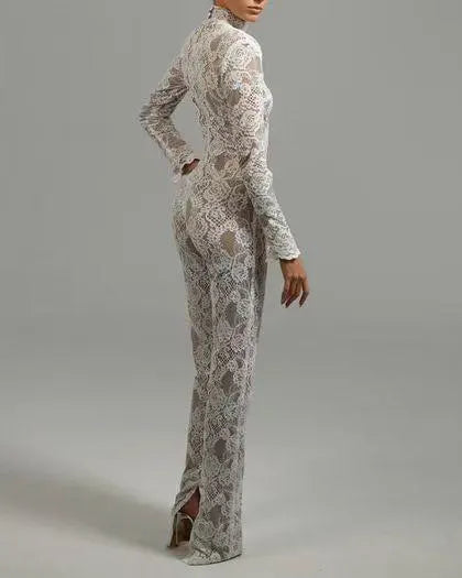 Sheer White Lace Jumpsuit | High Neck Long Sleeve Bridal-Inspired Lace Catsuit with Draped Waist Detail MYLINE