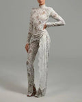 Sheer White Lace Jumpsuit | High Neck Long Sleeve Bridal-Inspired Lace Catsuit with Draped Waist Detail MYLINE