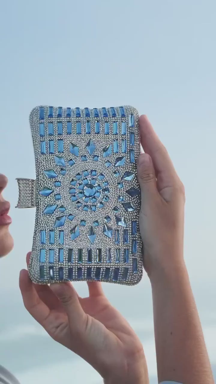 Blue Crystal Embellished Evening Clutch | Elegant Statement Handbag