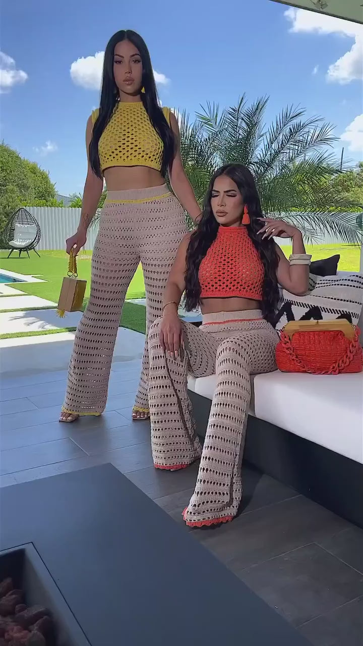 Crochet Crop Top & Flare Pants Set