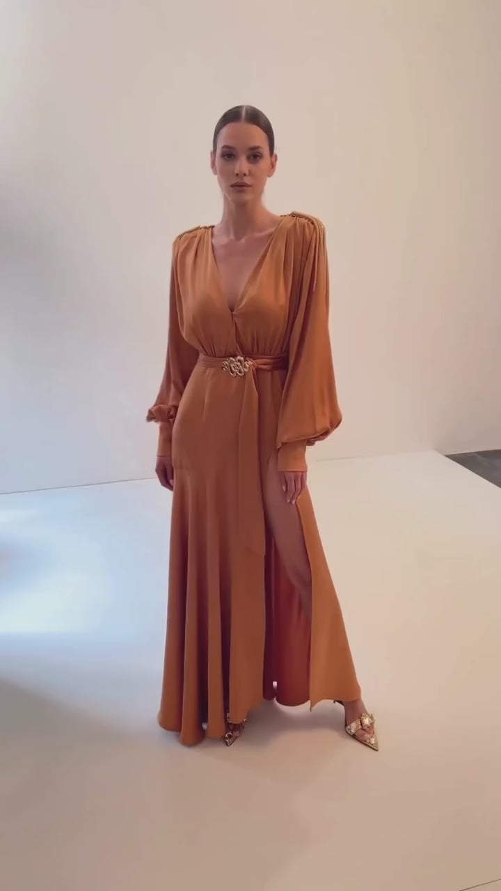 Rust Satin Maxi Dress | Deep V-Neck, Long Sleeve Evening Gown with Slit