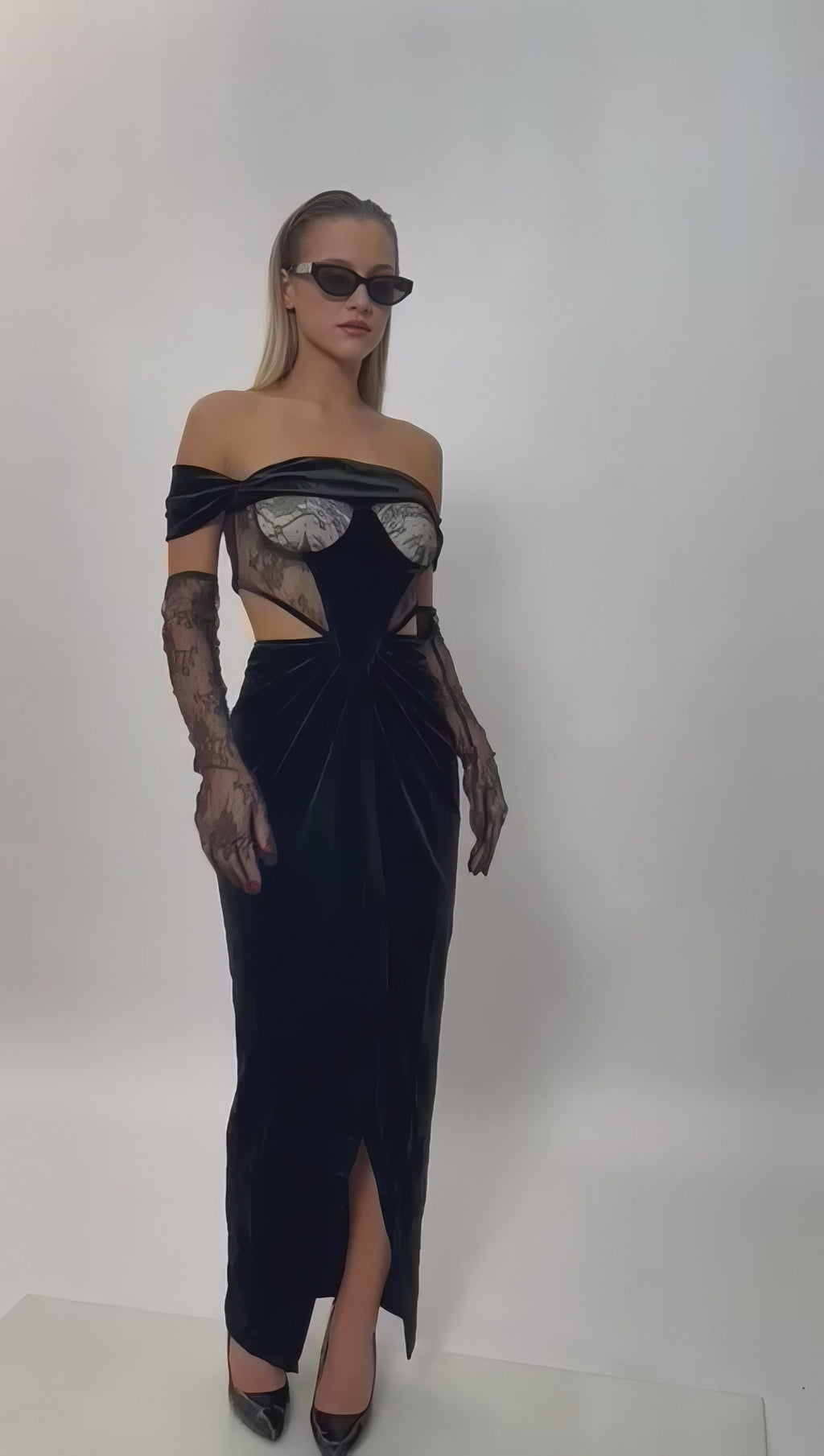 Black Velvet Cutout Gown | Off-Shoulder Lace Corset Dress | Elegant Maxi Dress with Gloves