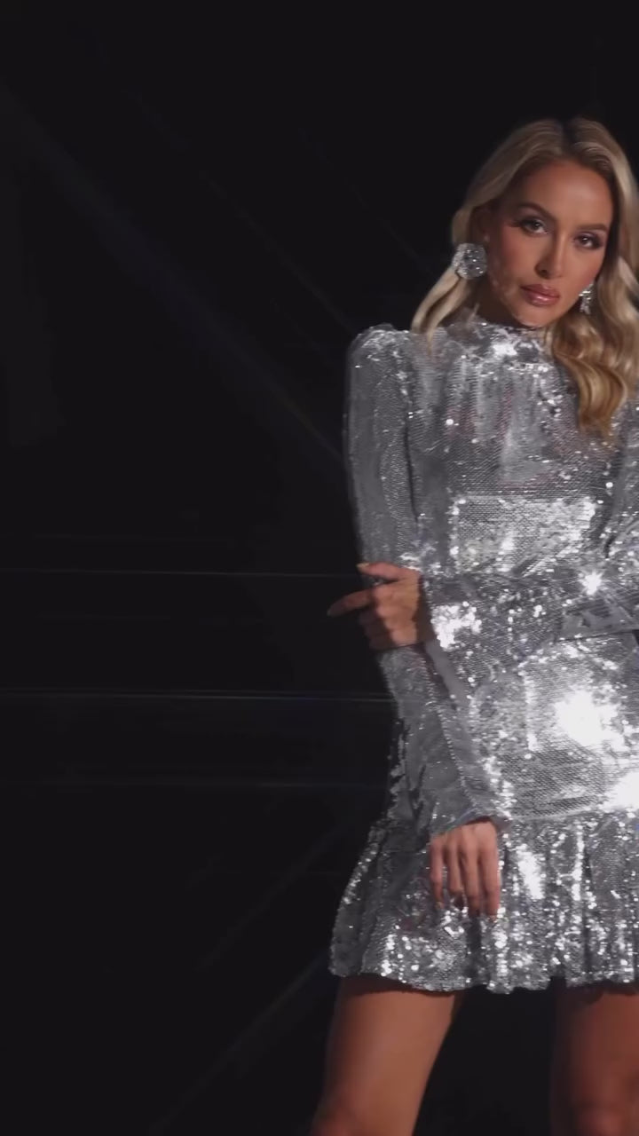 Silver Sequin Long Sleeve Flared Mini Dress