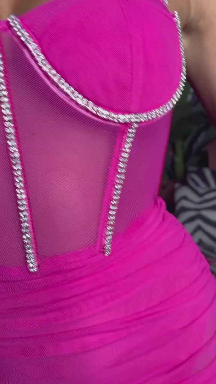 Crystal Strap Ruched Mesh Mini Dress
