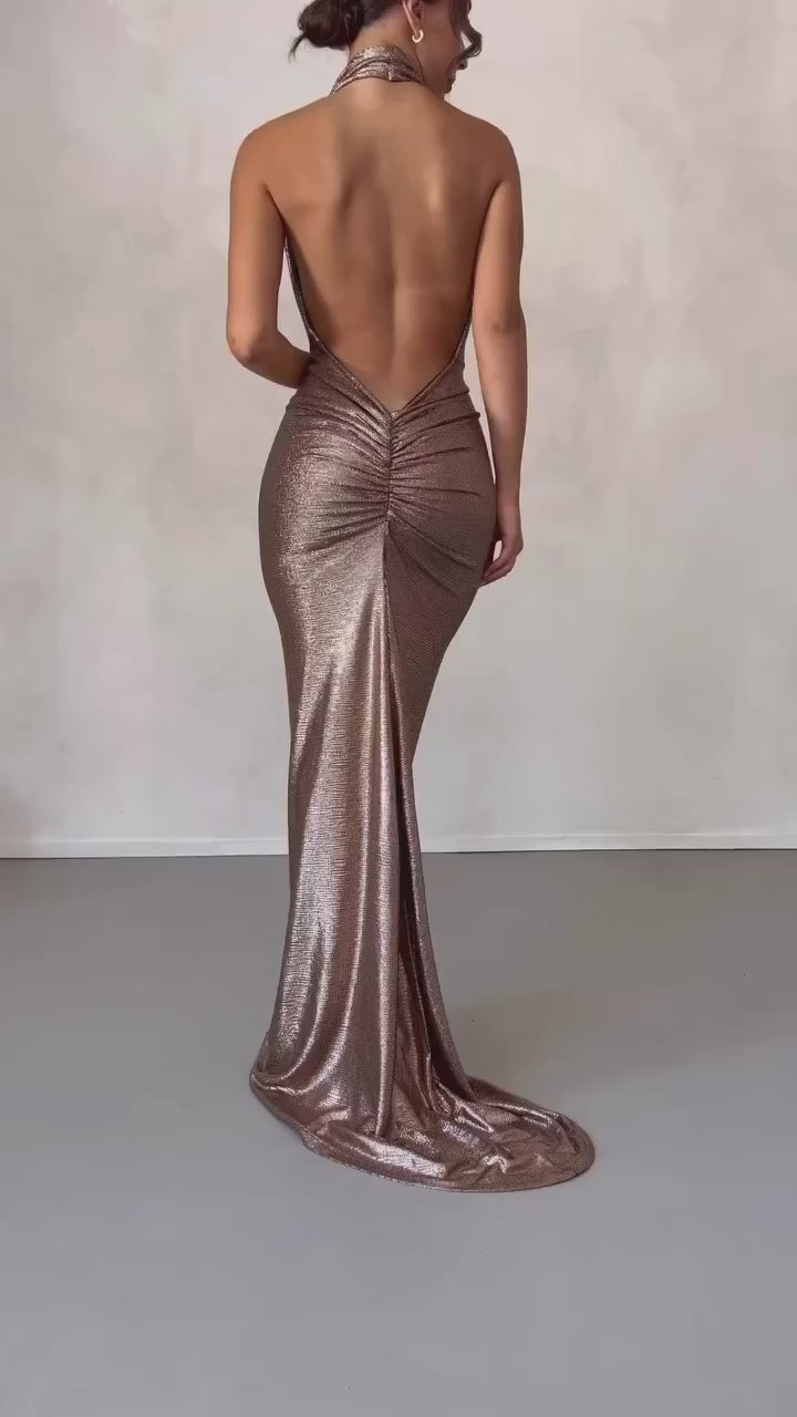 Metallic Halter Backless Maxi Dress