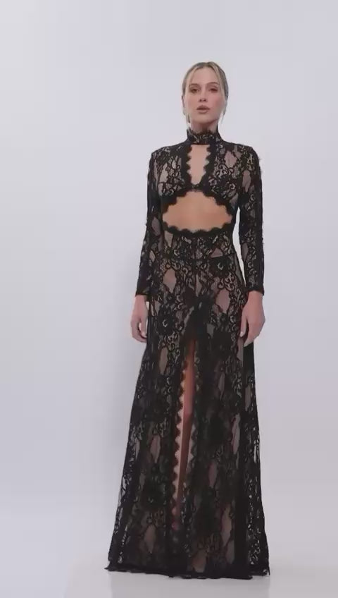 Noir Lace Cut-Out Maxi Dress