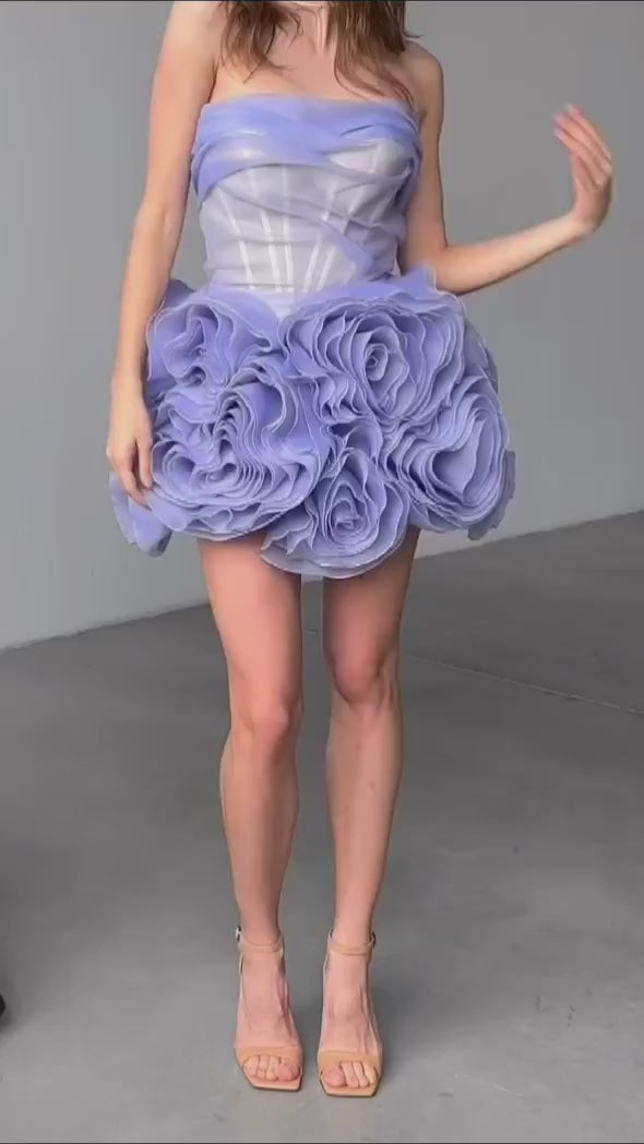 Strapless Ruffle Mini Dress | 3D Floral Organza Cocktail Dress