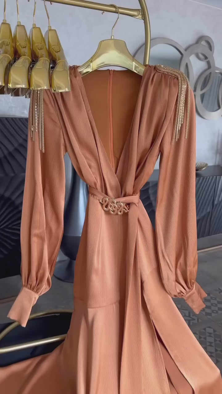 Rust Satin Maxi Dress | Deep V-Neck, Long Sleeve Evening Gown with Slit