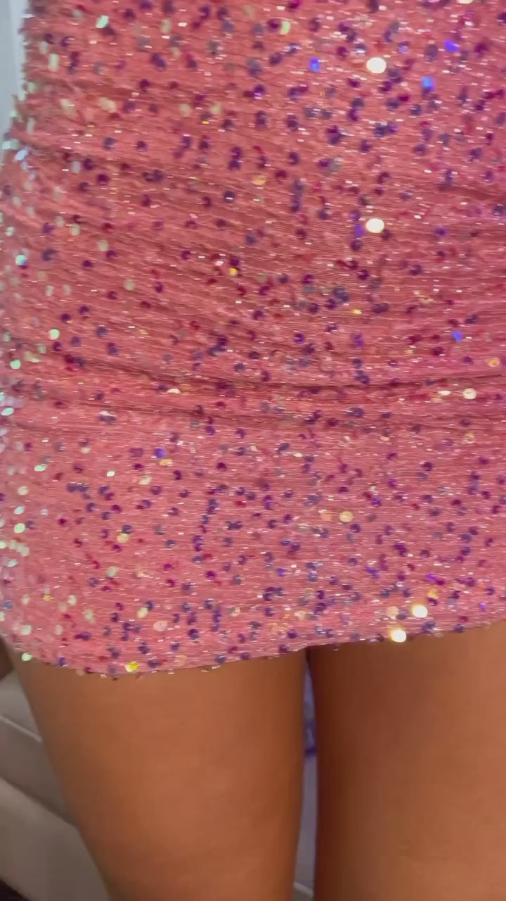 Pink Sequin One-Shoulder Cut-Out Mini Dress