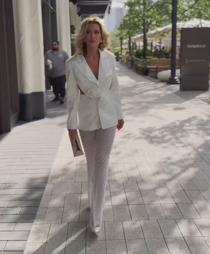 White Lace Trousers and Blazer Set | Elegant Rosette Blazer &amp; Sheer Pants Suit for Events