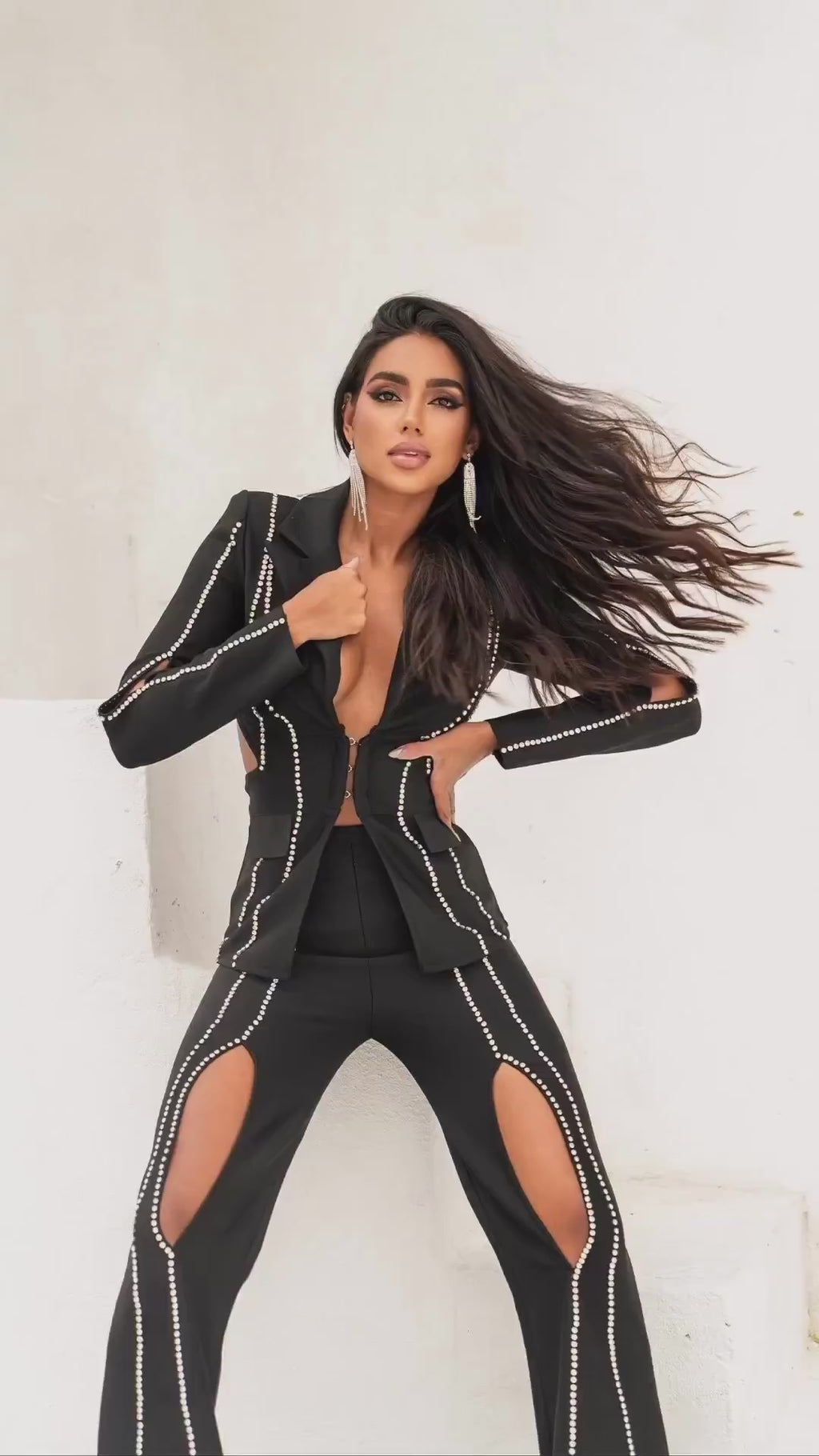 Cut-Out Crystal Trim Blazer Pants Set | 2-Piece Power Suit with Shoulder & Thigh Slits