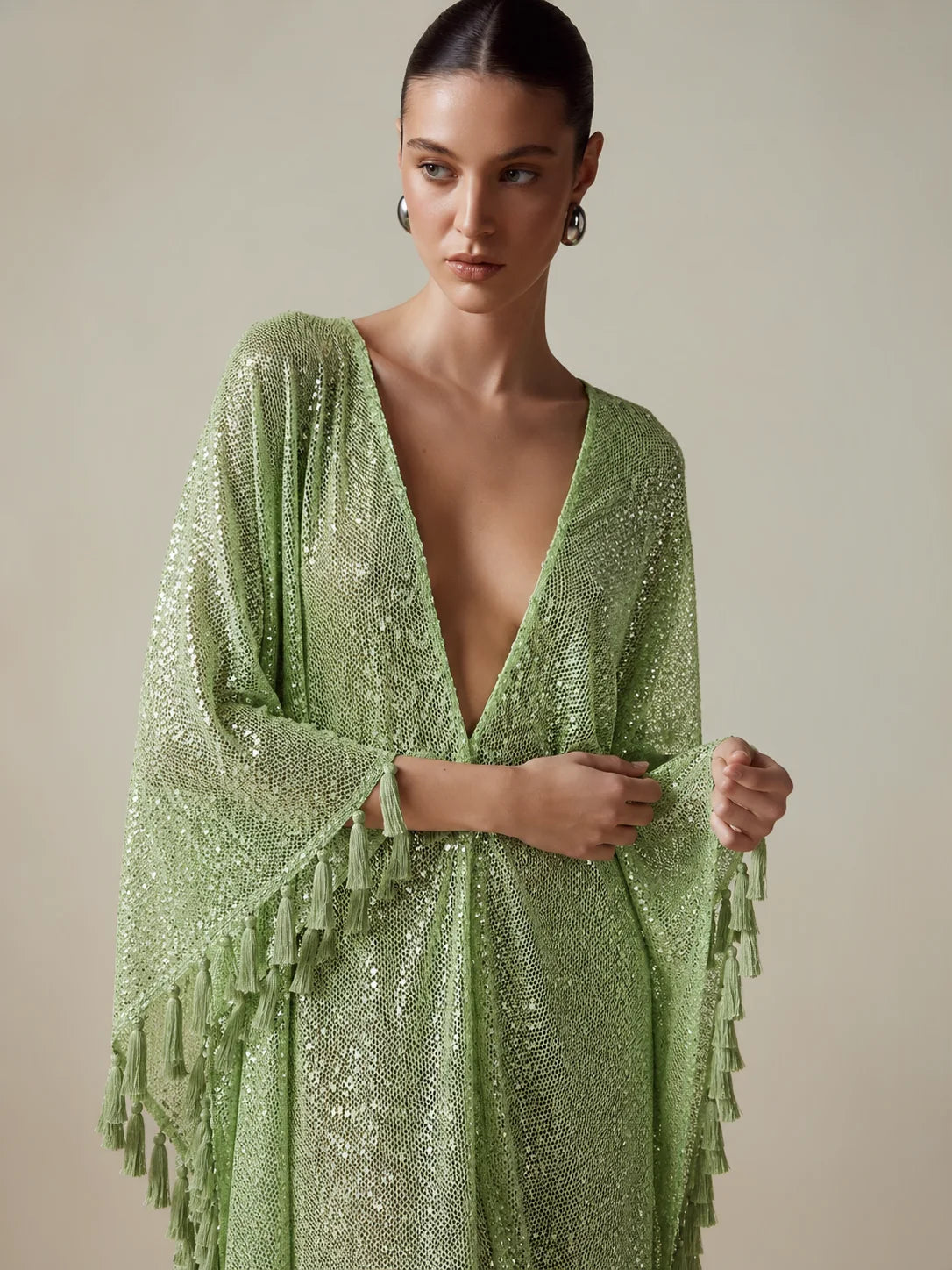 Sequin Tassel Kaftan Maxi Dress in Pistachio Green