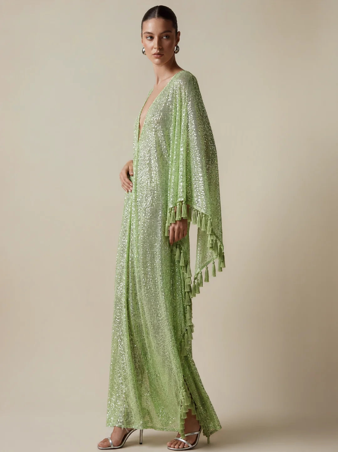 Sequin Tassel Kaftan Maxi Dress in Pistachio Green